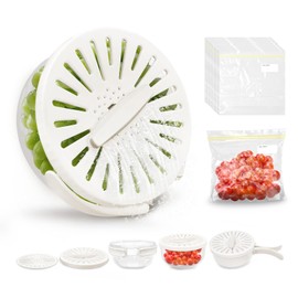 Fruit Washing Bowl with Strainer with 15 Pcs Food Storage Bags, 2 in 1 Fruit Drainer Container with Handle for Kitchen and Fridge, Colanders & Food Strainers with Lockable Lid, White
