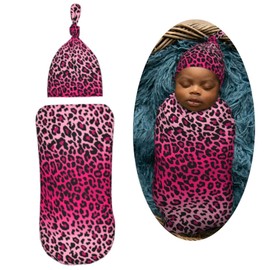 Muishi Pink Leopard Print Newborn Swaddle Blankets Hat Sets Soft Baby Receiving Blanket Swaddle Sack for Baby Shower Infant Boy Girl Gift