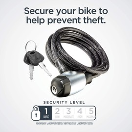 Schwinn Bike Cable Lock with Keys, 6 ft x 8 mm, Black, Durable Steel, Protective Vinyl Cover, Carrying Bracket for Transport, Anti Theft Protection, Bike Lock Cable for Security