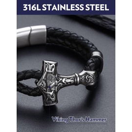 Bandmax Viking Bracelet for Men Black Leather Cuff Bracelet Wirstband Thor's Hammer Mjolnir Pendant Bracelet Nordic Pagan Jewelry for Gift