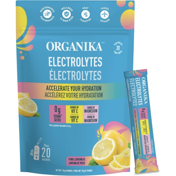 Organika Canadian-Made Electrolytes Powder- Pink Lemonade Sachets- On the Go