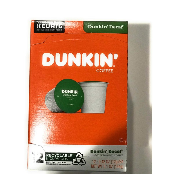 Dunkin Donuts K-Cups Descafeinado - Caja de 12 tazas para uso en cafeteras Keurig de 5.5 onzas