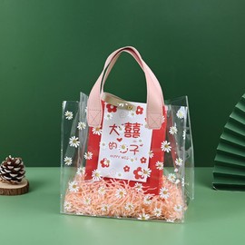 YMASELA Clear Gift Wrap Bag with Handles (9.8X9.1X5.5'',2pcs)Heavy Duty Plastic Waterproof Gift Packing Bag for Party, Reusable Merchandise Retail Transparent PVC Shopping Tote Bags for Package Candy