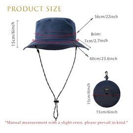 MOODKEY Waterproof Bucket Rain Hat with Chin Strap, Packable Sun Hat Men Women Summer Lightweight Hiking Outdoor Cap (CA/US, Alpha, Medium, Navy Blue)