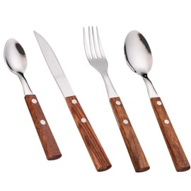 Cutlery Set with Wooden Handle, Shiny Stainless Steel Cutlery Including Fork, Spoon, Steel, 4 Pieces, Modern and Simple Design