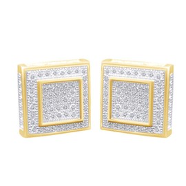Round White Cubic Zirconia Men's Square Stud Earring In 14K Yellow Gold Over Sterling Silver