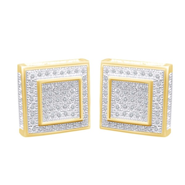 Round White Cubic Zirconia Men's Square Stud Earring In 14K