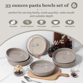 HaWare Pasta Bowls Set of 6, 32oz Large Salad Bowls for Home Kitchen, Ceramic Serving Plates for Soup, Cereal, Scratch-resistant Wide and Shallow Dinner Bowl, Microwave & Dishwasher Safe, Cream Coffee