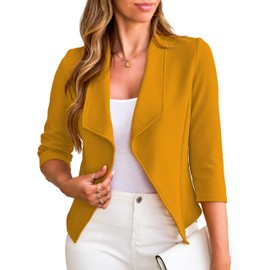 CARDYDONY Women 3/4 Sleeve Blazer Open Front Cardigan Jacket Work Office Blazer, Mustard, M