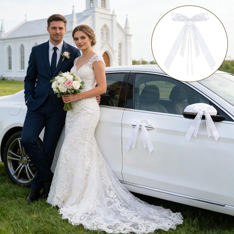 Alaoo Wedding Car Bow, 10Pcs White Wedding Bows with Double