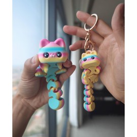 3D Printed Cat Fidget, 3-D Articulated Big Kitty Cute Small Flexible Animals Keychain, Desk Decor Unique Gift Office Collectible, Pink Blue Yellow