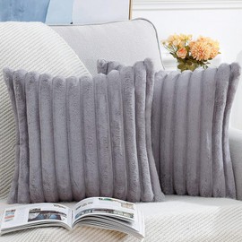 Madizz Set of 2 Faux Fur Plush Decorative Throw Pillow Covers 18x18 inch, 45x45 cm, Grey Fluffy Striped Soft Decorative Cushion Cover for Sofa Bedroom Pillow Shell