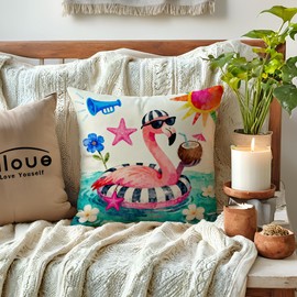 4Pack Flamingo Throw Pillow Cases with Cocktail Float Design Beach Party Flamingo Decorative Pillow Covers Tropical Vacation Cushion Covers 18"x18" for Porch Patio Decor(Pink/Blue)