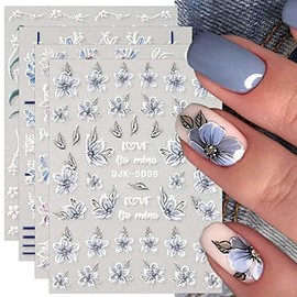 JMEOWIO 3D Embossed Spring Flower Nail Art Stickers Decals Self-Adhesive Pegatinas UÃ±as 5D Colorful Summer Floral Nail Supplies Nail Art Design Decoration Accessories 4 Sheets
