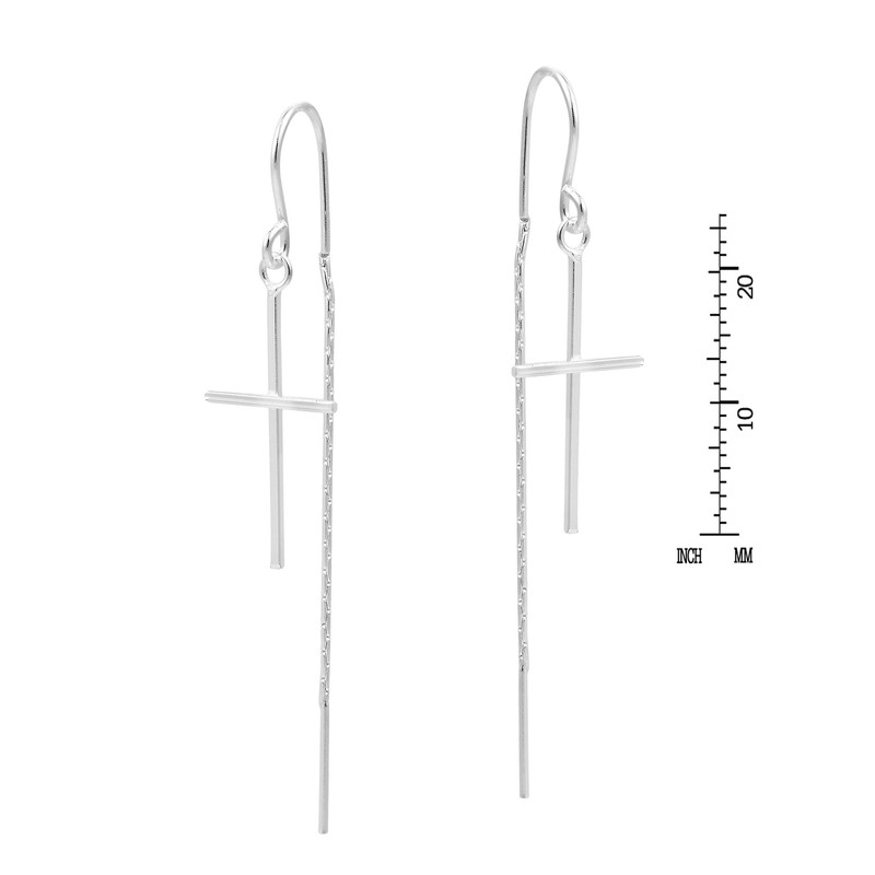 Slim Cross Ear Thread Slide .925 Sterling Silver Dangle Earrings