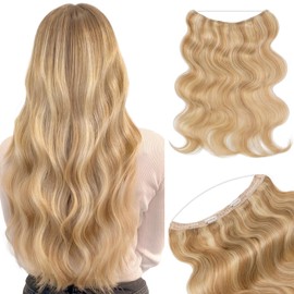 Benehair Ombre Invisible Wire Hair Hair Extensions Human Hair Wavy for Women Full Head Hairpieces No Tape No Glue Seamless Fish Line Headband 16inch 60Gram for Adding Volume Ash Blonde&Bleach Blonde #18P613
