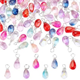 PH PandaHall 12 Gradient Colours Crystal Dangle Charms 96pcs Transparent Glass Pendants Teardrop Charms Dangle Bead with Silver Copper Loops for Jewellery Making Necklace Bracelet Earring Crafts