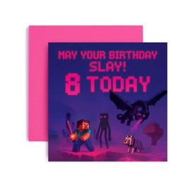 Huxters Gamer 8th Birthday card for Boy - Mine Nether End World Realm Level 8 Enderman Ender Dragon Bday for Son Great Grandson Nephew Brother Happy Greetings - 14.8cm (8th)