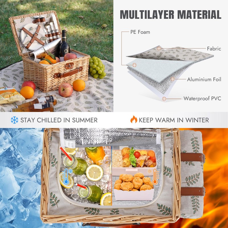 HappyPicnic Picnic Basket Set for 2 - Wicker Picnic Basket