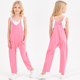 UK loees Jumpsuits for Girls Kids Casual Sleeveless Jumpsuits Spaghetti Strap Romper Long Pants with Pockets Pink