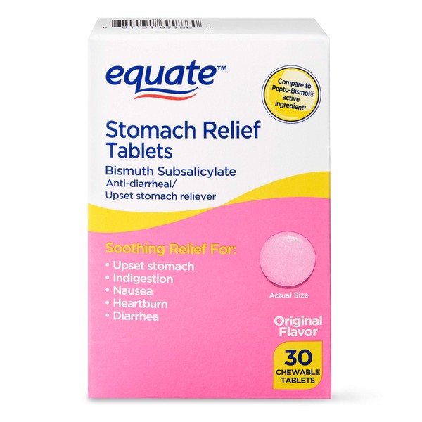 Equate - Stomach Relief, Pink Bismuth Subsalicylate, 30 Chewable Tablets (2)