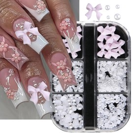 6 Grids Bow Nail Charms 3D Bow-Knot Nail Decals Pink Bowknot Nail Charms with Bow Pearl Resin for Nails Mixed Cute Bow Charms Kawaii Nail Charm for Women Nail Art Supplies Manicure Decorations