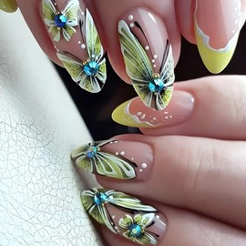 Green Press on Nails Short Almond MABKJLF French Tip Fake Nails False Nails with Designs Blue Rhinestones Butterfly Glossy Glue on Nails Spring Summer Acrylic Nails for Women Girls 24 Pcs