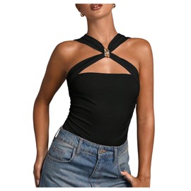 GORGLITTER Women's Criss Cross Halter Sleeveless Bodysuit Metal Ring Ruched Elegant Leotard Tops Black Small