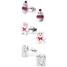 925 Sterling Silver Set of 3 Pairs Pink & White Crystal Cupcake, Pink Teddy Bear, Crystal Ballet Slippers Stud Earrings (Nickel Free) 20509