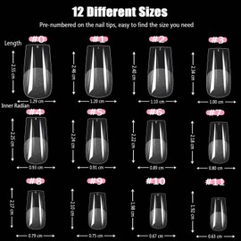 ASONRL 600Pcs Long Square Nail Tips, 12 Sizes Pre Shaped Press on Nails Tips Full Cover Clear Gel Acrylic Nail Tips for Nail Extension Half Matte False Nails Tips Home DIY Nail Salon with Box