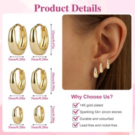 Huiguli 3 Pairs of Hoop Earrings Gold for Women, 14K Gold-Plated Hoop Earrings Set, Hypoallergenic Golden Earrings Women, Stackable Stud Earrings Set for Multiple Ear Holes, Brass, 1