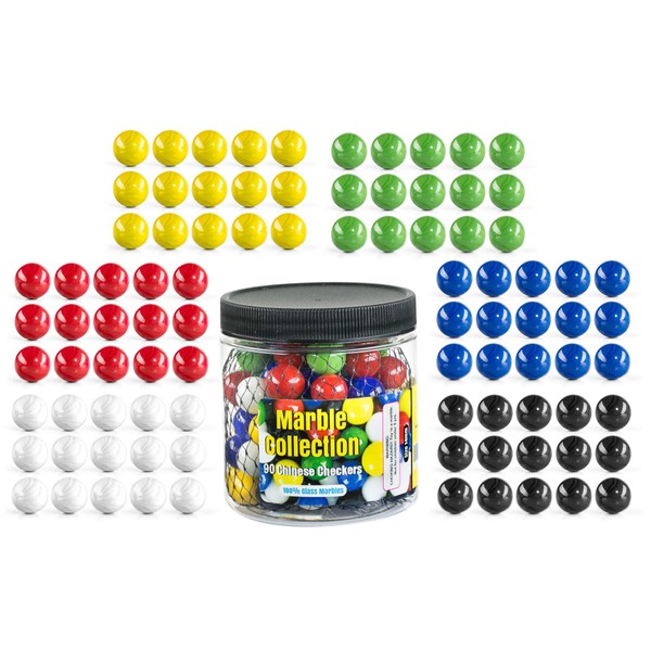 Chinese Checkers Glass Marbles. Set of 90, 15 of Each Color. Size 9/16” (14mm), with Practical Container