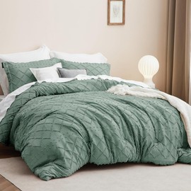 2 Piece Vintage Shabby Chic Style Boho Comforter Set Twin Size | Elegant Embroidery with Tufted Pattern Farmhouse Bedding | Dark Olive Green Color All Seasons Ultra Soft Plush Cozy Feel