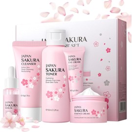 Vawolecy Sakura Pflegeset für Damen (Reisegröße) mit Reinigungsgel, Gesichtswasser, Serum, Augencreme & Tagescreme 5PCS