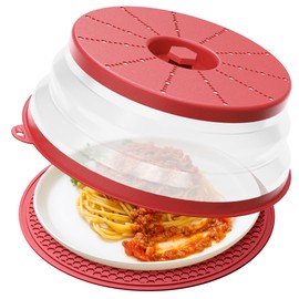 WVM Microwave Splatter Cover & Mat, Vented Collapsible Splatter Guard dish Plate lid & Silicone Round Kitchen Mat for Food, Meal Prep, Red