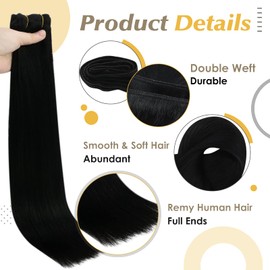 Full Shine Weft Hair Extensions Human Hair 16 Inch Sew In Extensions Remy Hair Color 1 Jet Black Human Hair Extensions Weft Silky Natural Hair Extensions Invisible Hair Pieces 105G For Women