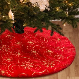 Amidaky Christmas Tree Skirt Red 30 inch Gold Christmas Tree Skirt Snowflakes Faux Fur for Xmas Holiday Home Party