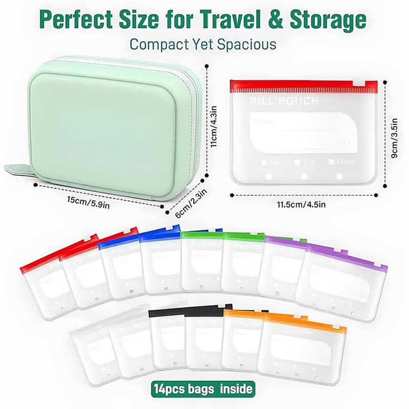 Waterproof Pill Pouch Set, Pill Organizer Binder with 14 Color-Coded