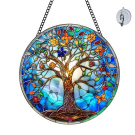 Tree of Life Suncatcher 8 Inch Stained Glass Metal Chain Hooks – Hanging Indoor/Outdoor Window Wall Art Home Décor -Gift for Women Men Valentine's Day Thanksgiving Ornaments Festival Gifts(Blue Tree)