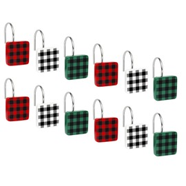 Christmas Decorative Shower Curtain Hooks, Plaid Buffalo Check Shower Curtain Rings, Xmas Classic Decor for Bathroom Home, Square Shower Curtain Hangers, Set of 12, White Black Red Green