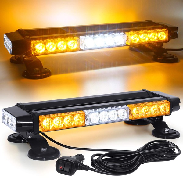 LINKITOM LED Strobe Flashing Light Bar -Double Side 30 LED High Intensity Emergency Hazard Warning Lighting Bar/Beacon/with Magnetic and 16 ft Straight Cord for Car Trailer Roof Safety (Amber&White)