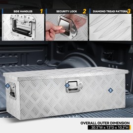 Heavy Duty Aluminum Diamond Plate Tool Box for Pick Up Truck Bed RV Trailer Toolbox Waterproof Square Storage Organizer with Side Handle, 30.3'' W x 13.0"D x 10.2"H, Lock and Keys - Silver
