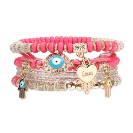 WuCuifu Stackable Bracelets for Women - 8 Packs Bohemian Stretch Bracelets Multi-color Jewelry for Women Evil Eyes Bracelets, Pink