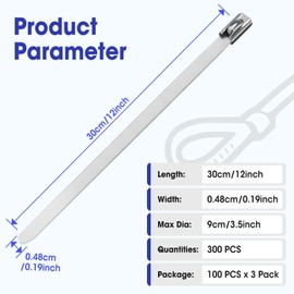 300pcs Metal Zip Ties, 12 Inch 304 Stainless Steel Zip Ties, Self-Locking Cable Ties 200lbs Tensile Strength, Metal ZipTies Heavy Duty for Machinery, Exhaust Wrap, Farms, Pipes, and Outdoor Fence