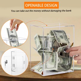 Clear Piggy Bank for Adults, Large Acrylic Money Saving Box with Key and Slot, Openable Coin Money Bank for Real Money, YITOBA Cash Savings Box, Reusable Money Saver Box (Transparent)