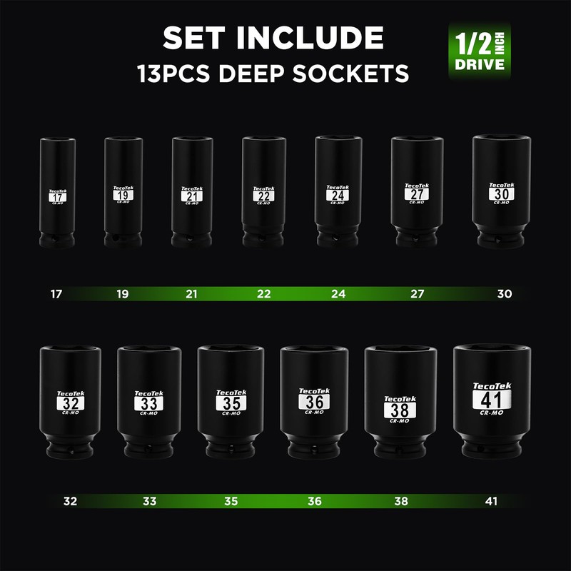 TecoTek 1/2" Drive Deep 6-Point Impact Socket Set, 13-Piece Spindle