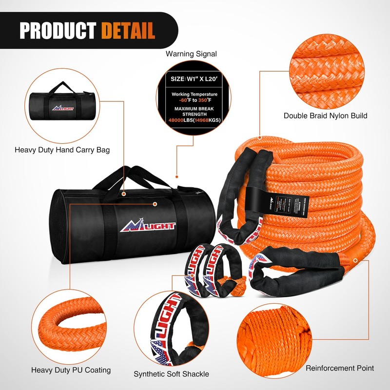 Nilight Kinetic Recovery Tow Rope Kit with 2 Soft Shackle