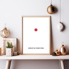 JUHMI Xmas Poster, A4 (21 x 29 cm) Decoration with Saying for Christmas, Living Room Wall Decoration, Bedroom, Kitchen Decoration with and without Frame, Rudolph The Red Nose Reindeer in a Snowstorm