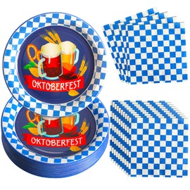 Havawish 100 Pcs Oktoberfest Plates and Napkins Oktoberfest Party Supplies Decorations Bavarian Themed Blue and White Party Tableware Set for Beer Festival, Serves 50