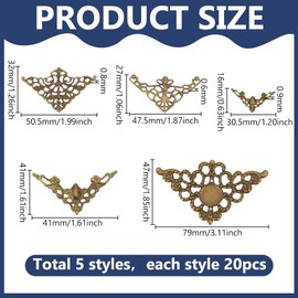 PH PandaHall 100pcs Corner Protector 5 Styles Hollow Triangle Wrap Connector Iron Metal Book Corners Filigree Embellishments for Jewelry Making DIY Hairpin Headwear Earring Book Album Resin Fillers